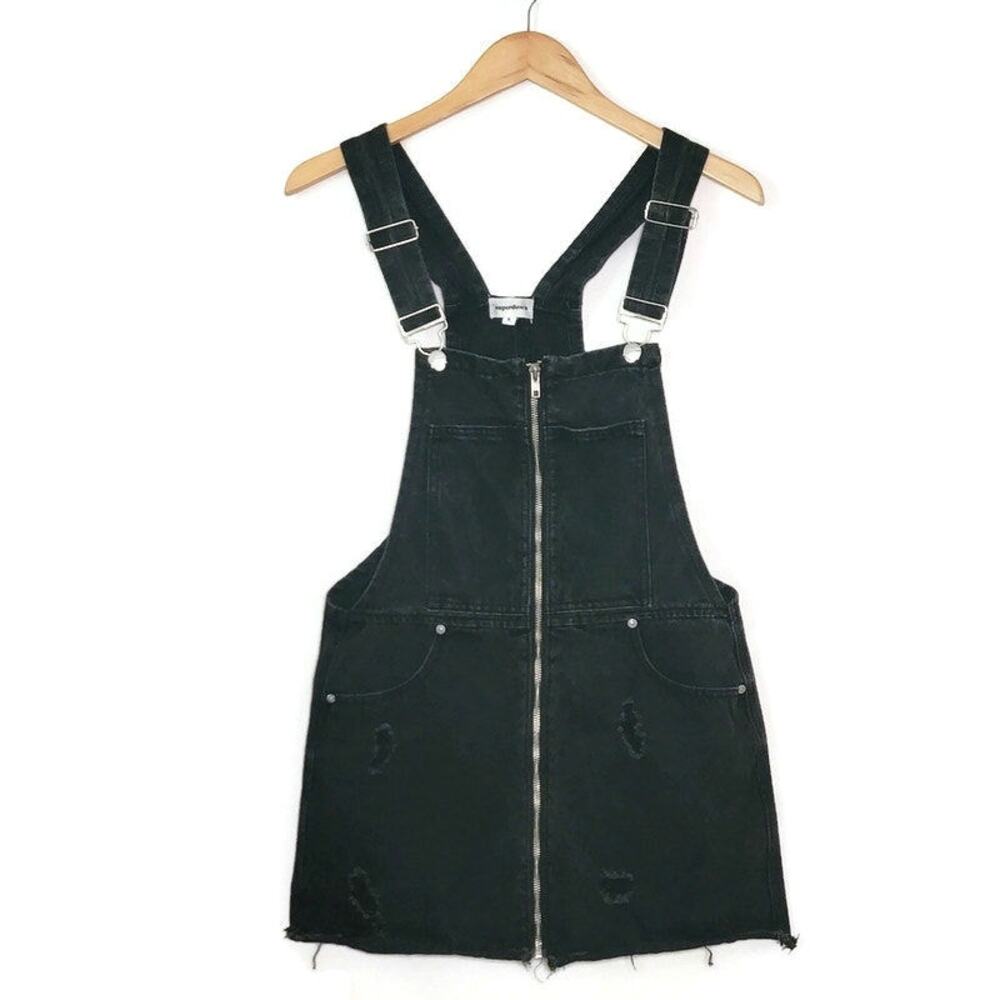 Superdown Revolve Black Denim Ripped Distressed Overall Mini Dress Zip Front S